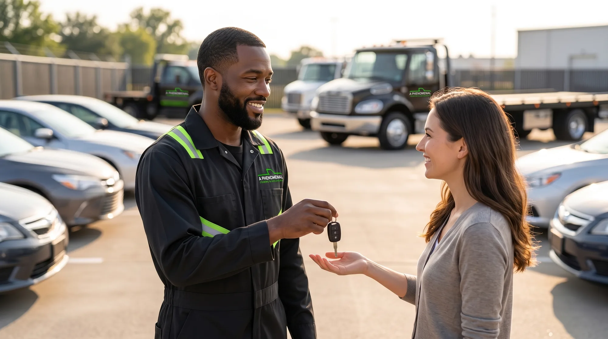 A Phenomenal Towing operator returning a vehicle to its owner